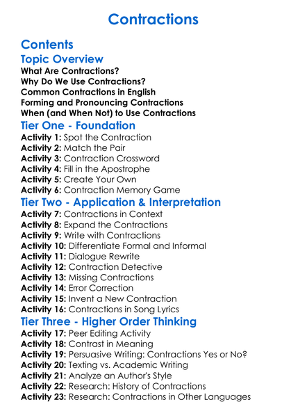 Contractions Worksheet Activity Booklet