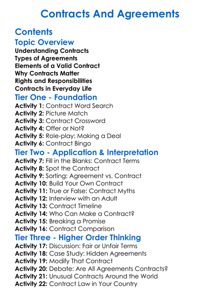 Contracts And Agreements Worksheet Activity Booklet