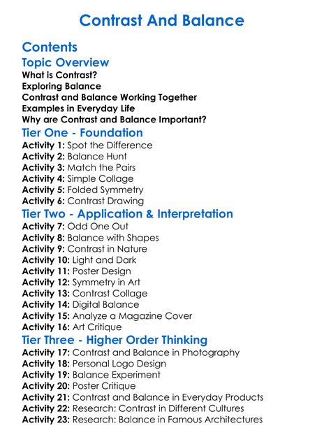 Contrast And Balance Worksheet Activity Booklet
