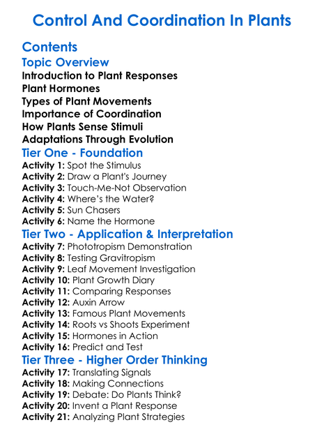 Control And Coordination In Plants Worksheet Activity Booklet