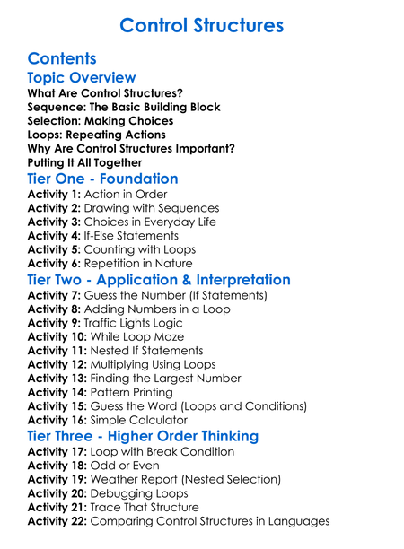Control Structures Worksheet Activity Booklet