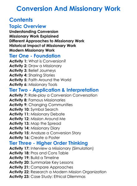 Conversion And Missionary Work Worksheet Activity Booklet