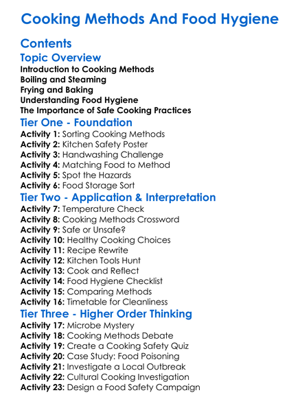Cooking Methods And Food Hygiene Worksheet Activity Booklet