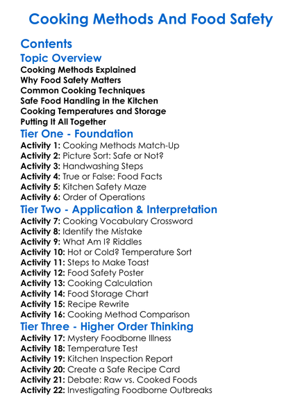 Cooking Methods And Food Safety Worksheet Activity Booklet