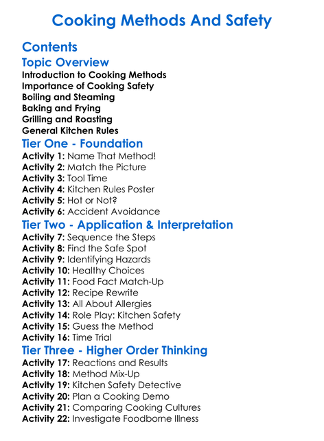 Cooking Methods And Safety Worksheet Activity Booklet