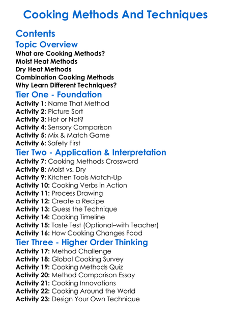 Cooking Methods And Techniques Worksheet Activity Booklet