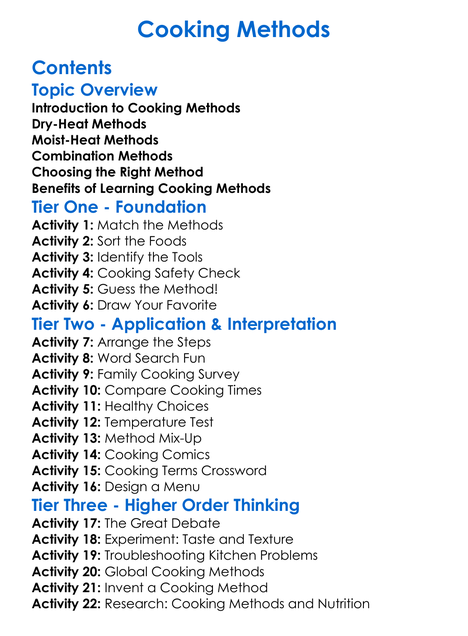 Cooking Methods Worksheet Activity Booklet