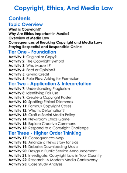 Copyright Ethics And Media Law Worksheet Activity Booklet