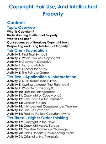 Copyright Fair Use And Intellectual Property Worksheet Activity Booklet