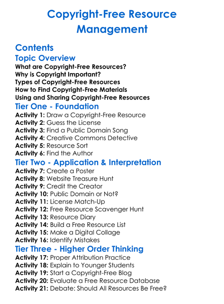 Copyright-Free Resource Management Worksheet Activity Booklet