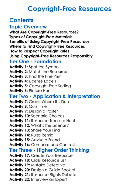 Copyright-Free Resources Worksheet Activity Booklet
