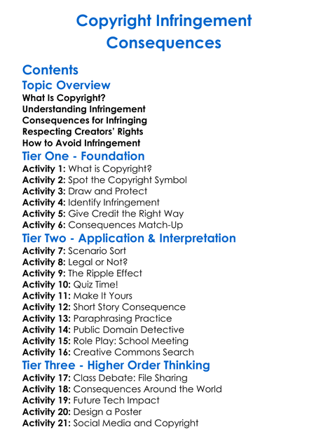 Copyright Infringement Consequences Worksheet Activity Booklet