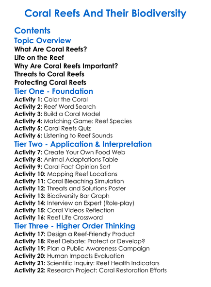 Coral Reefs And Their Biodiversity Worksheet Activity Booklet