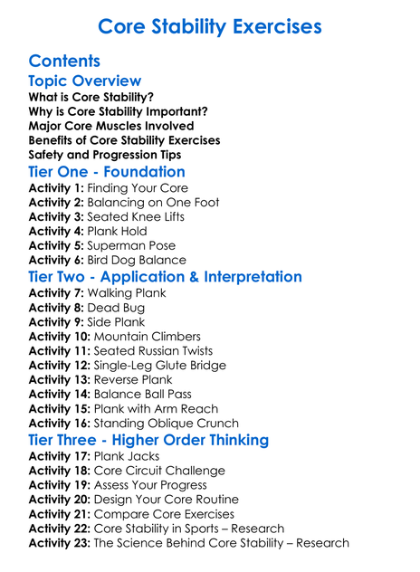 Core Stability Exercises Worksheet Activity Booklet