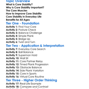 Core Stability Worksheet Activity Booklet