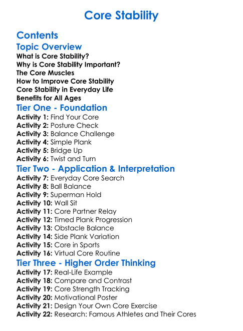 Core Stability Worksheet Activity Booklet