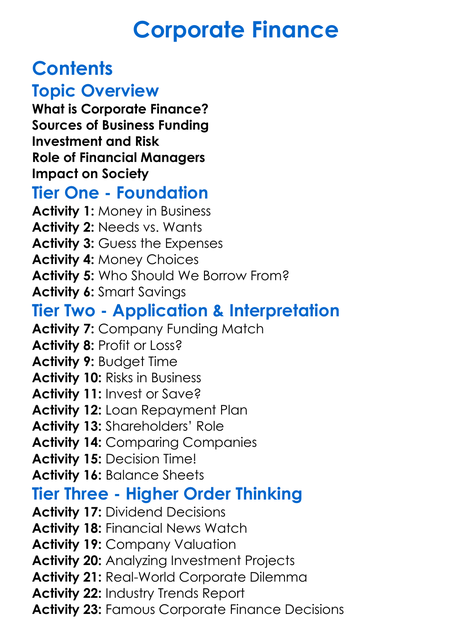 Corporate Finance Worksheet Activity Booklet