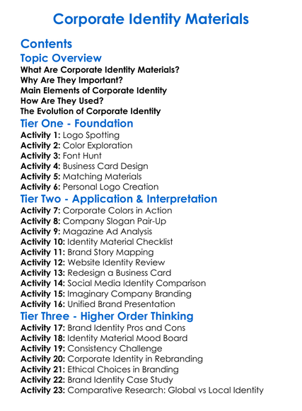 Corporate Identity Materials Worksheet Activity Booklet