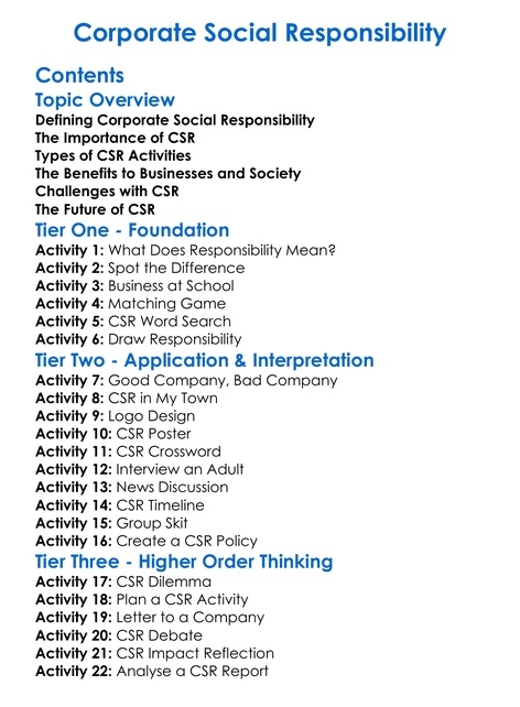 Corporate Social Responsibility Worksheet Activity Booklet