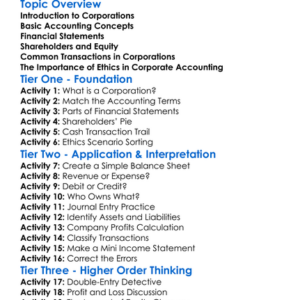 Corporation Accounting Basics Worksheet Activity Booklet