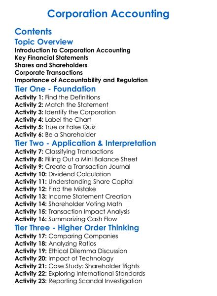 Corporation Accounting Worksheet Activity Booklet