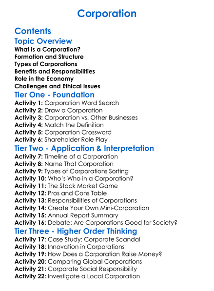Corporation Worksheet Activity Booklet