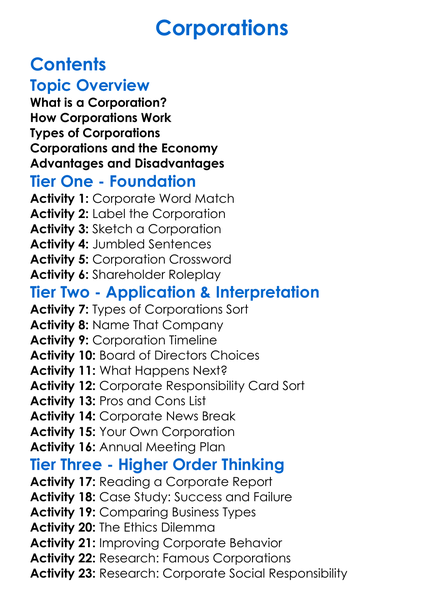 Corporations Worksheet Activity Booklet