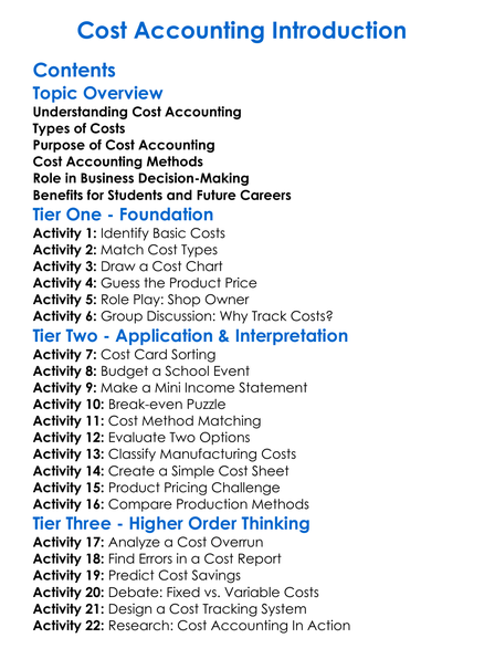 Cost Accounting Introduction Worksheet Activity Booklet