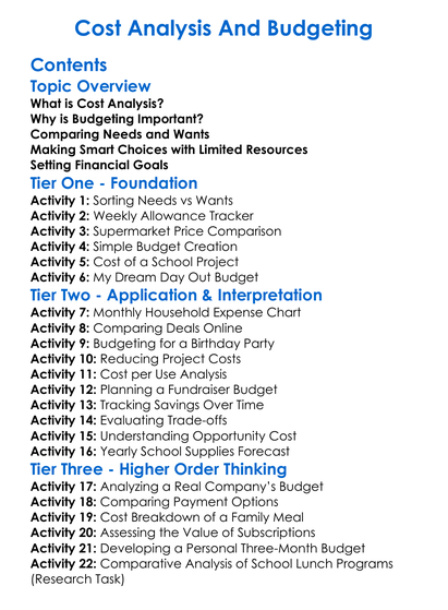 Cost Analysis And Budgeting Worksheet Activity Booklet