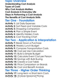 Cost Analysis Worksheet Activity Booklet