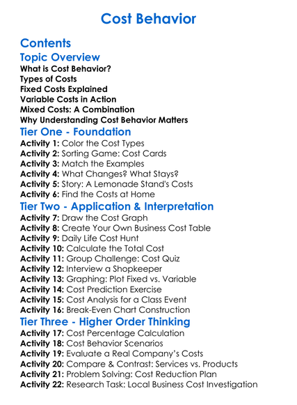 Cost Behavior Worksheet Activity Booklet