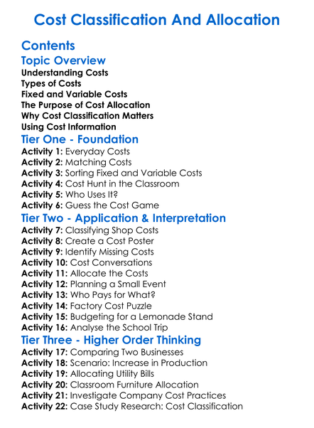 Cost Classification And Allocation Worksheet Activity Booklet