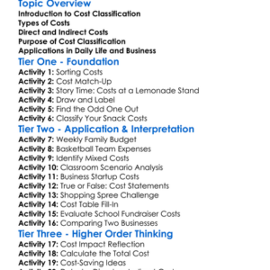 Cost Classification Worksheet Activity Booklet