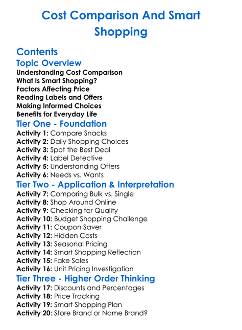 Cost Comparison And Smart Shopping Worksheet Activity Booklet