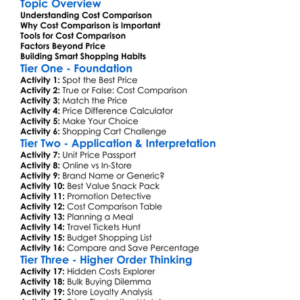 Cost Comparison Shopping Worksheet Activity Booklet