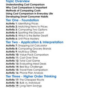 Cost Comparison Worksheet Activity Booklet