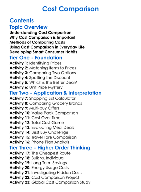 Cost Comparison Worksheet Activity Booklet