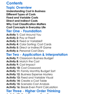 Cost Concepts And Cost Classification Worksheet Activity Booklet