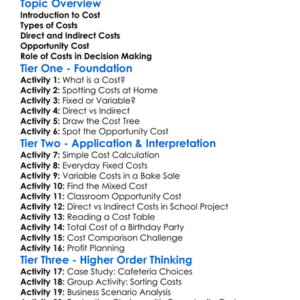 Cost Concepts Worksheet Activity Booklet