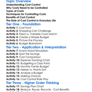 Cost Control Worksheet Activity Booklet