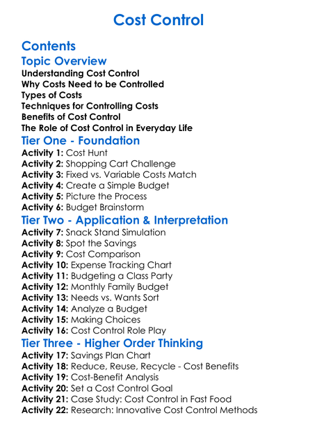 Cost Control Worksheet Activity Booklet