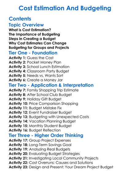 Cost Estimation And Budgeting Worksheet Activity Booklet