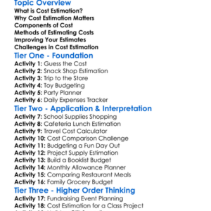 Cost Estimation Worksheet Activity Booklet