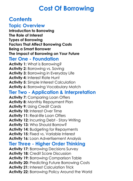 Cost Of Borrowing Worksheet Activity Booklet