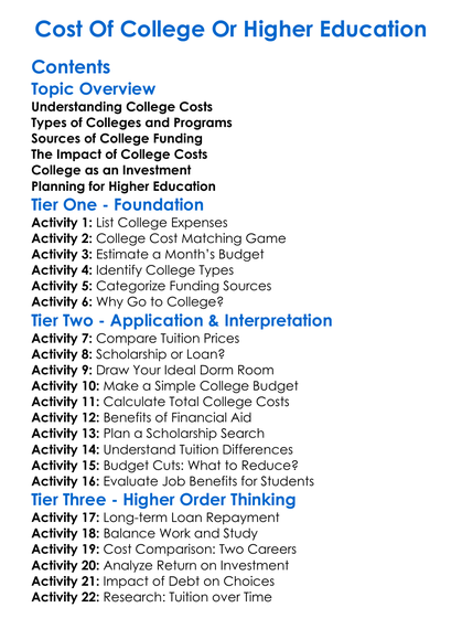 Cost Of College Or Higher Education Worksheet Activity Booklet