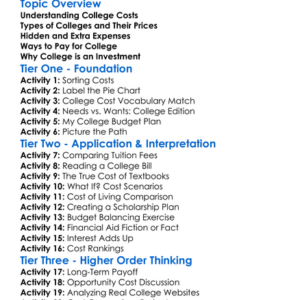 Cost Of College Worksheet Activity Booklet