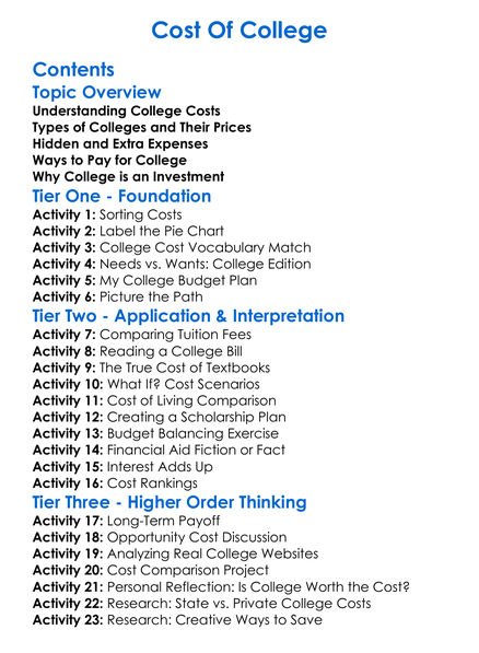 Cost Of College Worksheet Activity Booklet