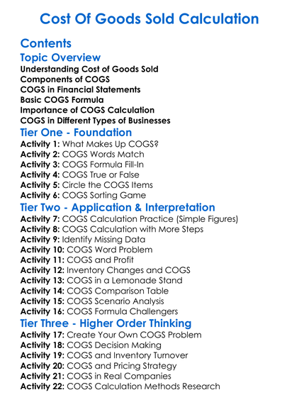 Cost Of Goods Sold Calculation Worksheet Activity Booklet