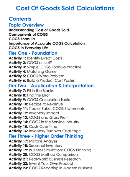 Cost Of Goods Sold Calculations Worksheet Activity Booklet