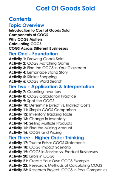Cost Of Goods Sold Worksheet Activity Booklet